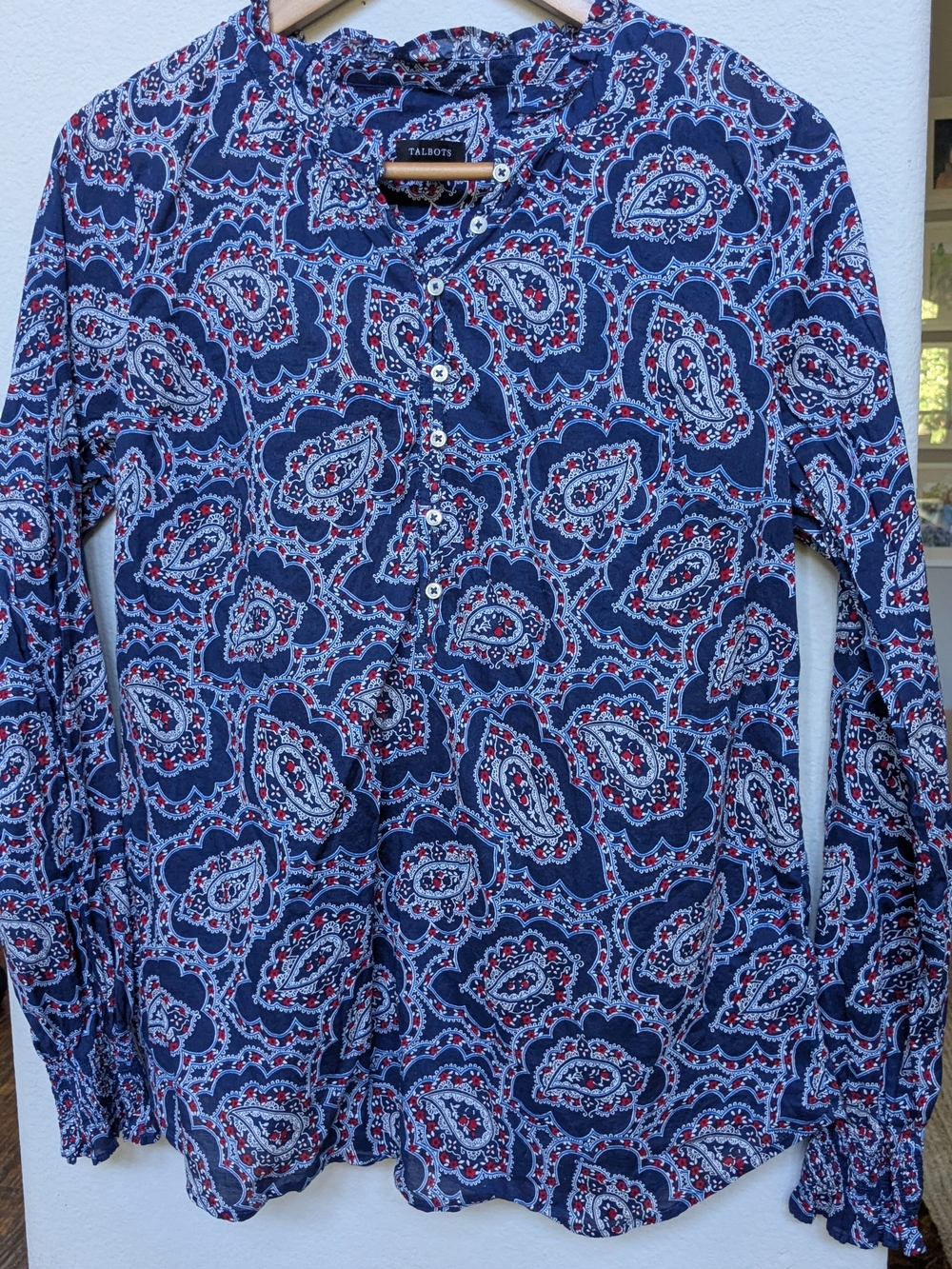 Talbots Navy Paisley Button-Front Shirt with Red & White Accents